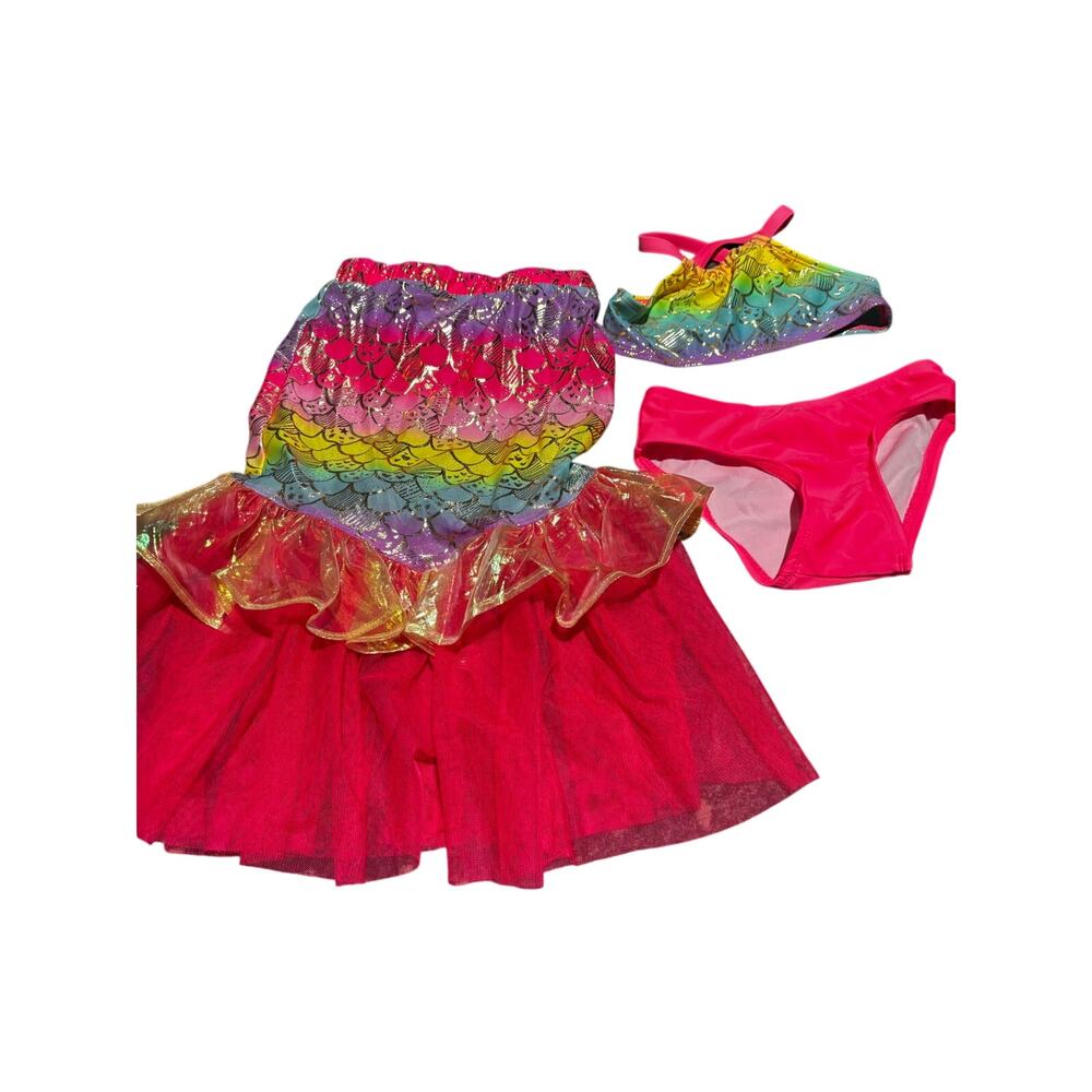 Cat and Jack 5t mermaid bikini and skirt tutu set metallic hot pink rainbow euc